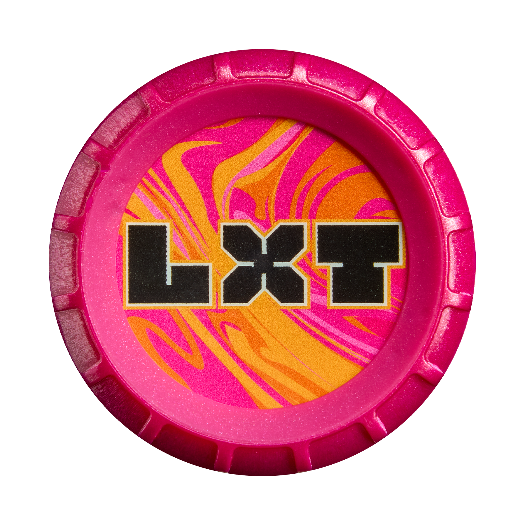 Top off your favorite fastpitch softball bat with the 2027 Louisville Slugger LXT (-10) Fastpitch Softball Bat: WBL4277010—a round, pink plastic cap featuring a yellow and pink swirled center and bold black “LXT” lettering outlined in white. Manufactured by Louisville Slugger, this bat’s balanced swing weight is expertly designed to pair perfectly with its high-performance composite barrel.