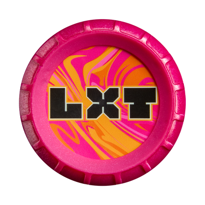 Top off your favorite fastpitch softball bat with the 2027 Louisville Slugger LXT (-10) Fastpitch Softball Bat: WBL4277010—a round, pink plastic cap featuring a yellow and pink swirled center and bold black “LXT” lettering outlined in white. Manufactured by Louisville Slugger, this bat’s balanced swing weight is expertly designed to pair perfectly with its high-performance composite barrel.