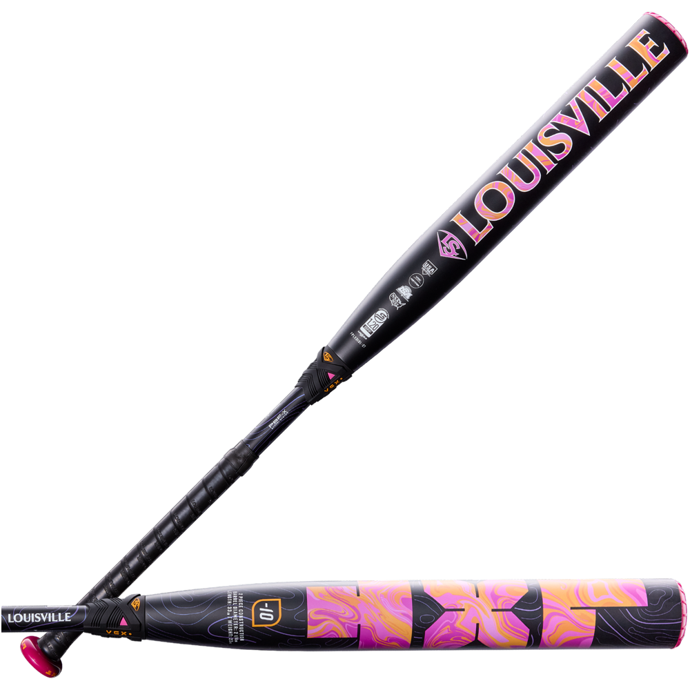 Two 2027 Louisville Slugger LXT (-10) fastpitch softball bats featuring black handles and eye-catching pink, orange, and purple designs on their composite barrels. One bat displays the bold pink LOUISVILLE branding, offering a balanced swing weight ideal for serious athletes.