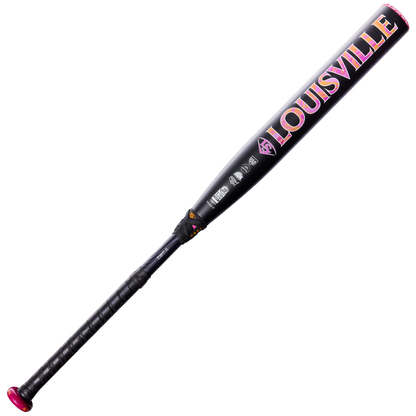 A black 2027 Louisville Slugger LXT (-9) Fastpitch Softball Bat (model WBL4278010), featuring pink and yellow lettering, a black grip, and a pink knob, is displayed on a white background. This two-piece composite bat from Louisville Slugger is engineered for maximum performance and incorporates the advanced PBF-X Barrel System to deliver an expanded sweet spot.