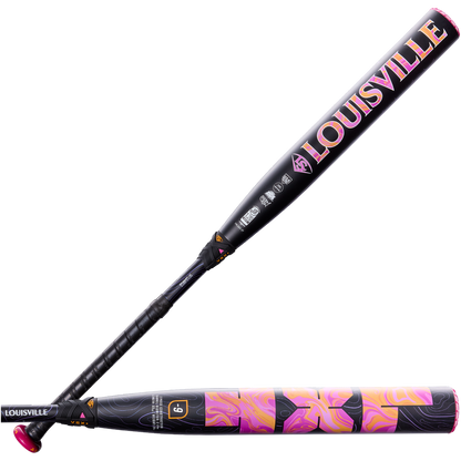 Two black Louisville Slugger LXT (-9) Fastpitch Softball Bats (model WBL4278010) are displayed, featuring vibrant pink, orange, and purple accents. One two-piece composite bat is positioned horizontally and the other vertically to highlight the colorful design, advanced PBF-X Barrel System, and bold Louisville Slugger branding.