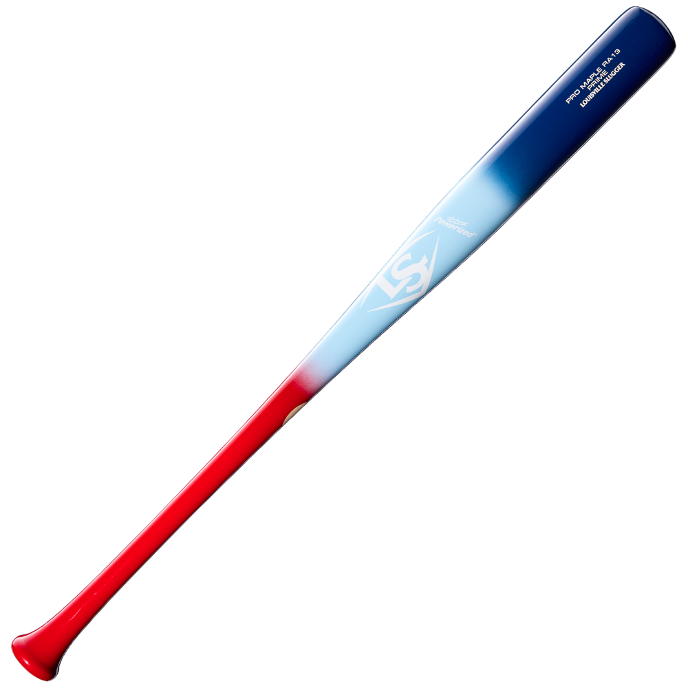 The Louisville Slugger Pro Prime RA13 USA Maple Wood Baseball Bat (WBL4296010) features a striking gradient design: red at the handle, smoothly transitioning to white in the middle, and blue at the barrel. Crafted from premium maple bat stock by Louisville Slugger, this bat is finished with Seamless Decals showcasing a logo and white text near the barrel end. The Professional Series Finish gives it a polished look, combining standout style with top-tier performance.