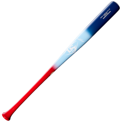 The Louisville Slugger Pro Prime RA13 USA Maple Wood Baseball Bat (WBL4296010) features a striking gradient design: red at the handle, smoothly transitioning to white in the middle, and blue at the barrel. Crafted from premium maple bat stock by Louisville Slugger, this bat is finished with Seamless Decals showcasing a logo and white text near the barrel end. The Professional Series Finish gives it a polished look, combining standout style with top-tier performance.
