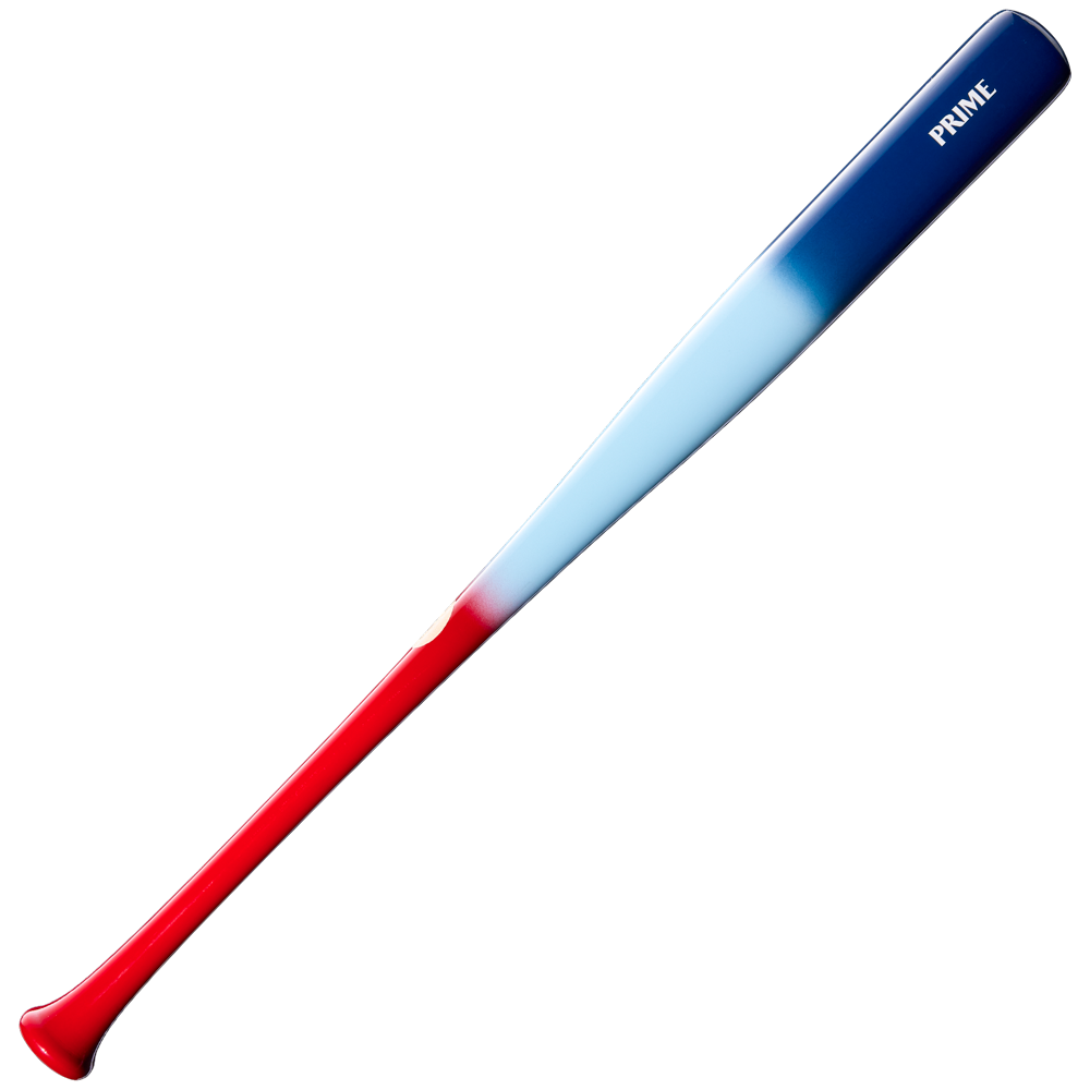 The Louisville Slugger Pro Prime RA13 USA Maple Wood Baseball Bat (WBL4296010) features a striking design, showcasing a red handle that fades into light blue at the center and transitions to dark blue at the barrel’s end. This standout bat from Louisville Slugger includes a Professional Series Finish, seamless decals, and displays the word “PRIME” printed near the barrel on the blue section.
