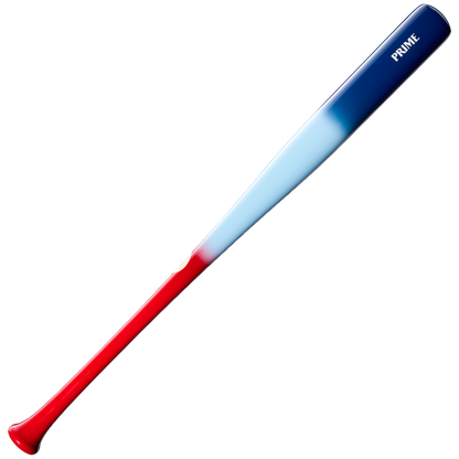 The Louisville Slugger Pro Prime RA13 USA Maple Wood Baseball Bat (WBL4296010) features a striking design, showcasing a red handle that fades into light blue at the center and transitions to dark blue at the barrel’s end. This standout bat from Louisville Slugger includes a Professional Series Finish, seamless decals, and displays the word “PRIME” printed near the barrel on the blue section.