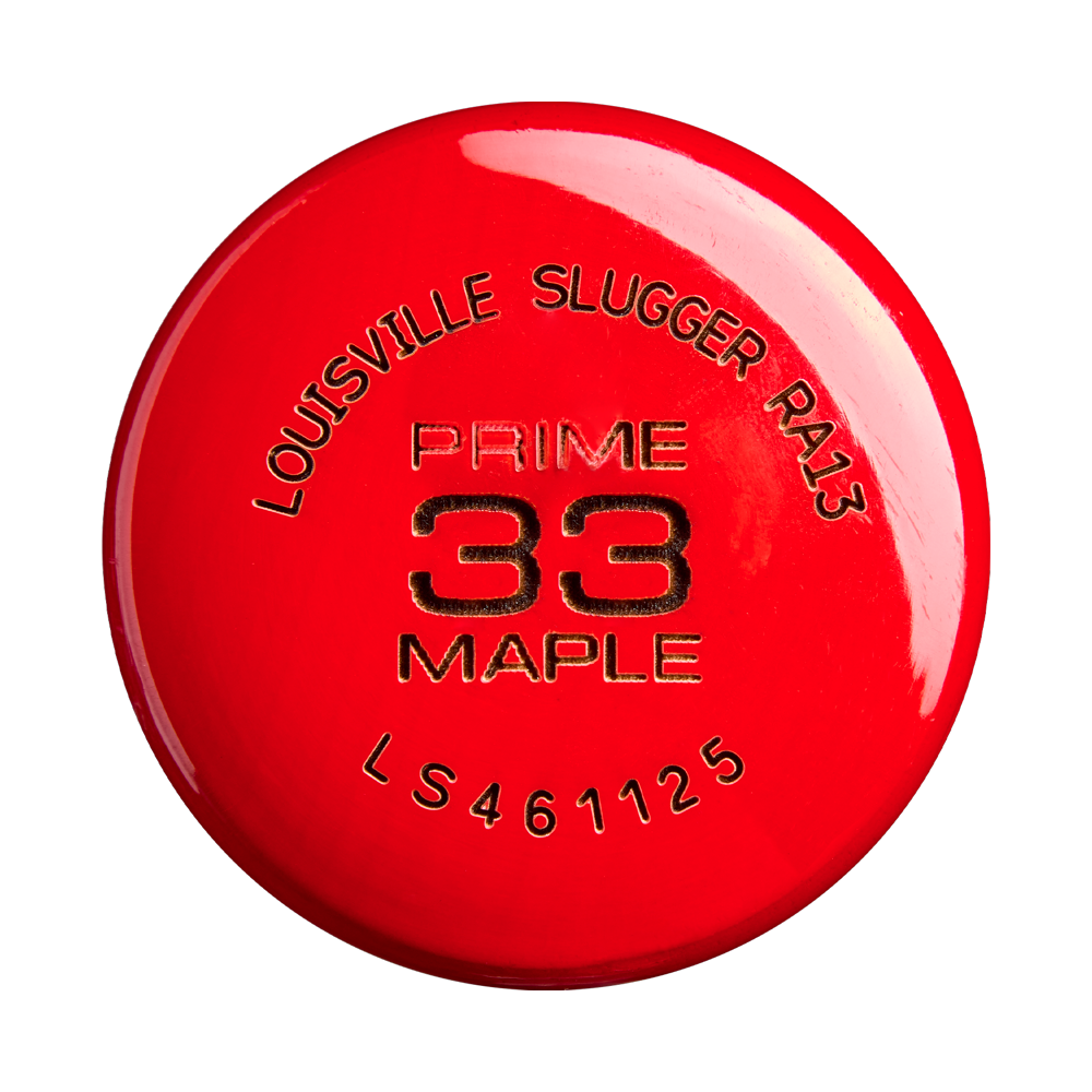 Featuring a red knob with gold embossed text—LOUISVILLE SLUGGER RA13, PRIME 33 MAPLE, and code LS461125 on the flat end—the Louisville Slugger Pro Prime RA13 USA Maple Wood Baseball Bat (WBL4296010) pairs a Professional Series Finish for lasting durability with seamless decals to achieve a sleek, polished appearance.