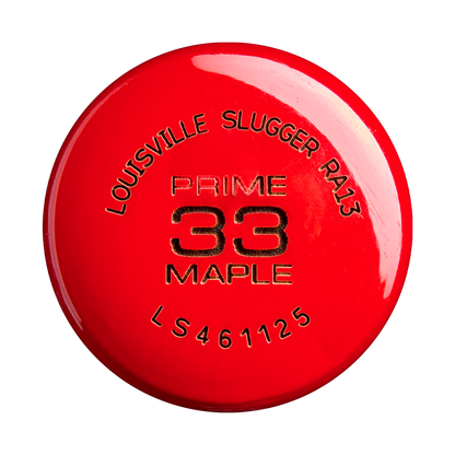 Featuring a red knob with gold embossed text—LOUISVILLE SLUGGER RA13, PRIME 33 MAPLE, and code LS461125 on the flat end—the Louisville Slugger Pro Prime RA13 USA Maple Wood Baseball Bat (WBL4296010) pairs a Professional Series Finish for lasting durability with seamless decals to achieve a sleek, polished appearance.