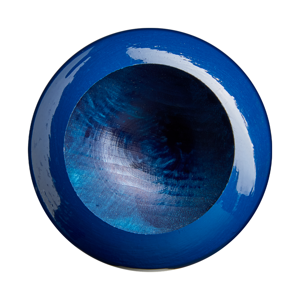 A top-down view of the Louisville Slugger Pro Prime RA13 USA Maple Wood Baseball Bat (WBL4296010) by Louisville Slugger showcases its Professional Series Finish, which enriches the deep, glossy blue surface with subtle lighter blue highlights.