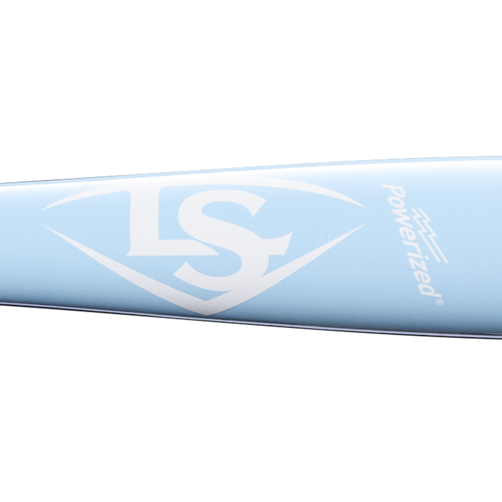 A close-up of the Louisville Slugger Pro Prime RA13 USA Maple Wood Baseball Bat (WBL4296010) in light blue, featuring the white Louisville Slugger logo and “Powerized” on its barrel, highlighted by seamless decals and a Professional Series Finish against a plain background.