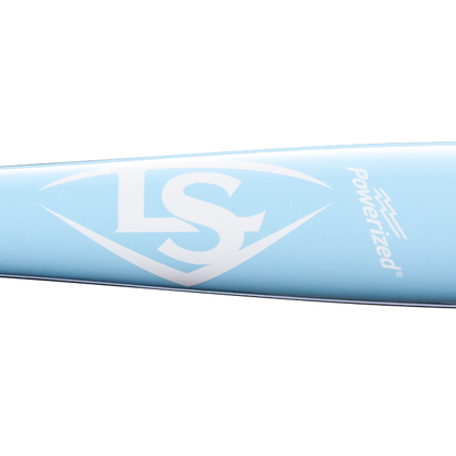 A close-up of the Louisville Slugger Pro Prime RA13 USA Maple Wood Baseball Bat (WBL4296010) in light blue, featuring the white Louisville Slugger logo and “Powerized” on its barrel, highlighted by seamless decals and a Professional Series Finish against a plain background.