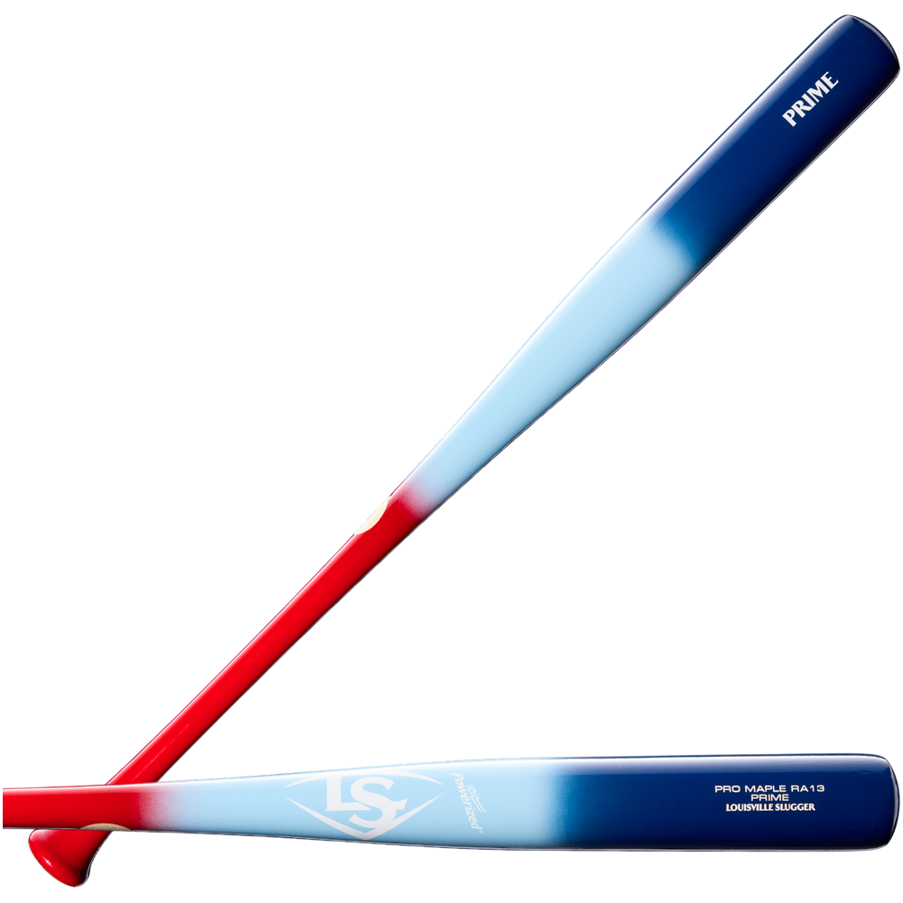 Two Louisville Slugger Pro Prime RA13 USA Maple Wood Baseball Bats, each featuring a red handle that fades into light blue and then deep blue barrels, adorned with seamless decals for a flawless appearance. One bat showcases the PRIME label while the other displays the iconic Louisville Slugger logo, both finished with a Professional Series Finish inspired by classic maple bats.