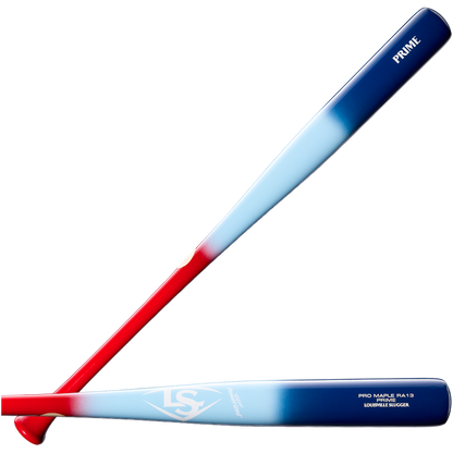 Two Louisville Slugger Pro Prime RA13 USA Maple Wood Baseball Bats, each featuring a red handle that fades into light blue and then deep blue barrels, adorned with seamless decals for a flawless appearance. One bat showcases the PRIME label while the other displays the iconic Louisville Slugger logo, both finished with a Professional Series Finish inspired by classic maple bats.