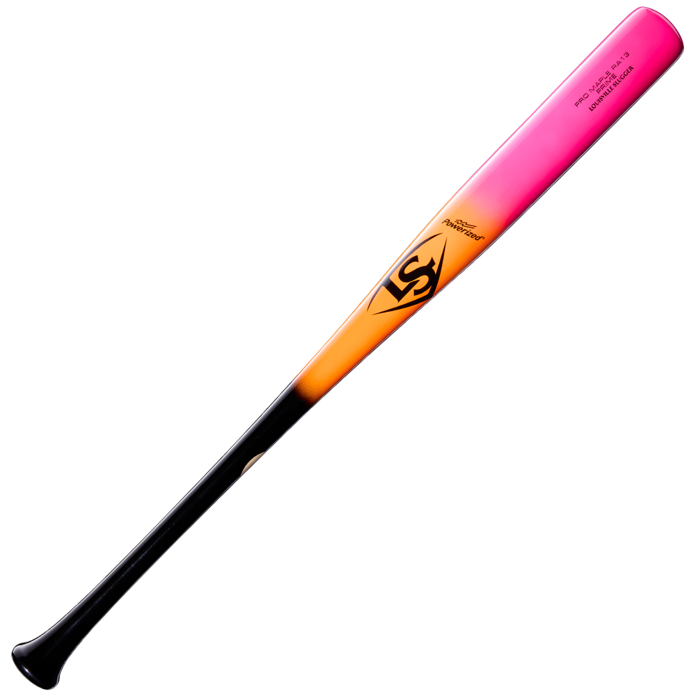 The Louisville Slugger Pro Prime RA13 Sunset Maple Wood Baseball Bat (WBL4297010) features a striking maple design with a black handle fading into orange and then pink towards the barrel, complemented by a Professional Series Finish and the Pro Prime RA13 logo and text near the top.