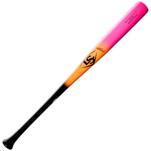 The Louisville Slugger Pro Prime RA13 Sunset Maple Wood Baseball Bat (WBL4297010) features a striking maple design with a black handle fading into orange and then pink towards the barrel, complemented by a Professional Series Finish and the Pro Prime RA13 logo and text near the top.