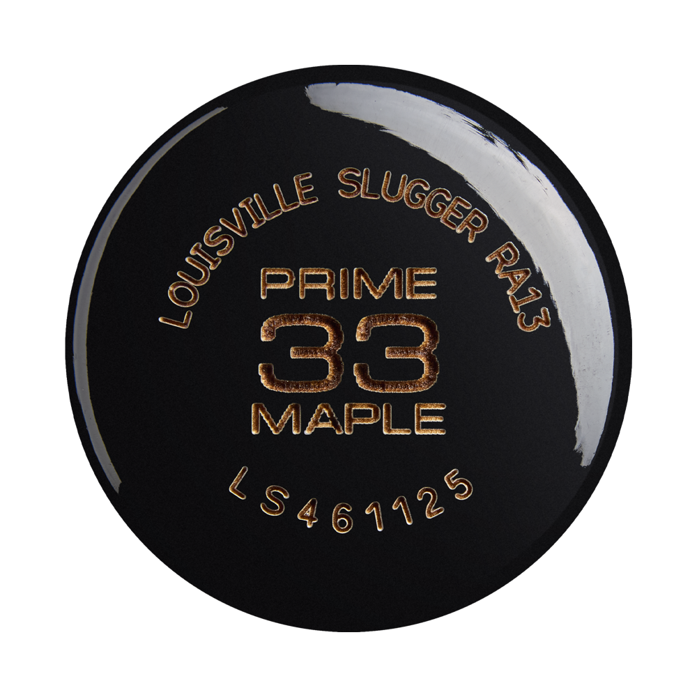 Close-up of the knob end of a Louisville Slugger Pro Prime RA13 Sunset Maple Wood Baseball Bat (WBL4297010) in black, featuring gold text with the brand name and model details engraved on it.