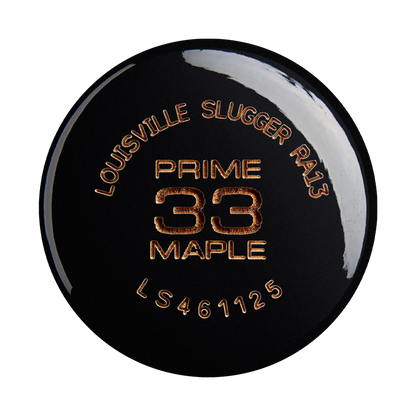 Close-up of the knob end of a Louisville Slugger Pro Prime RA13 Sunset Maple Wood Baseball Bat (WBL4297010) in black, featuring gold text with the brand name and model details engraved on it.