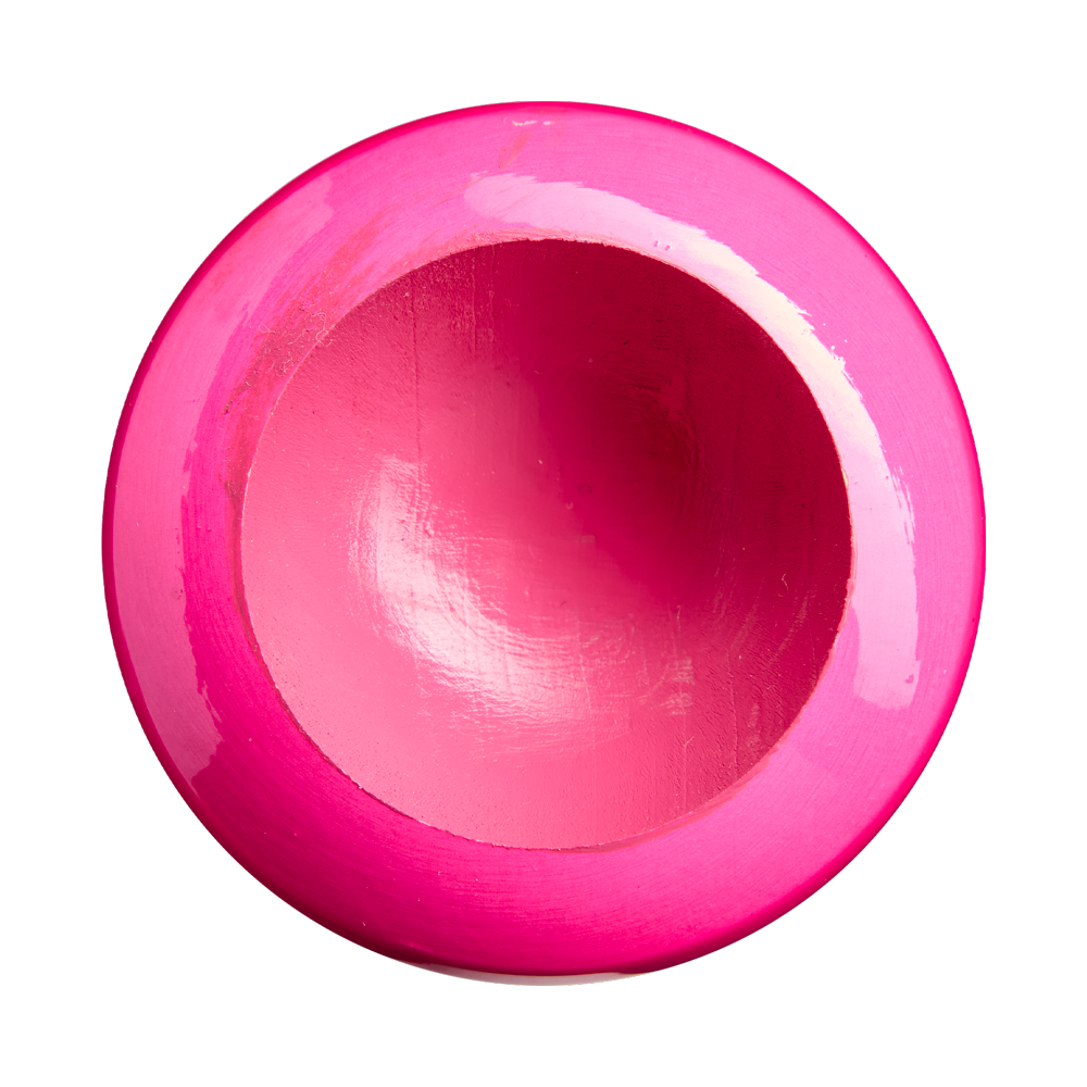 A round, vibrant pink wooden bowl viewed from above, showcasing its smooth, glossy Professional Series Finish and a deep circular cavity at the center—echoing the meticulous craftsmanship of the Louisville Slugger Pro Prime RA13 Sunset Maple Wood Baseball Bat: WBL4297010.