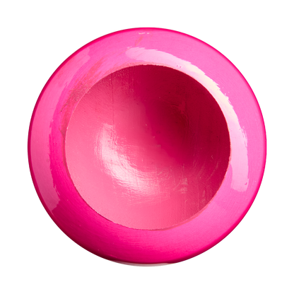 A round, vibrant pink wooden bowl viewed from above, showcasing its smooth, glossy Professional Series Finish and a deep circular cavity at the center—echoing the meticulous craftsmanship of the Louisville Slugger Pro Prime RA13 Sunset Maple Wood Baseball Bat: WBL4297010.