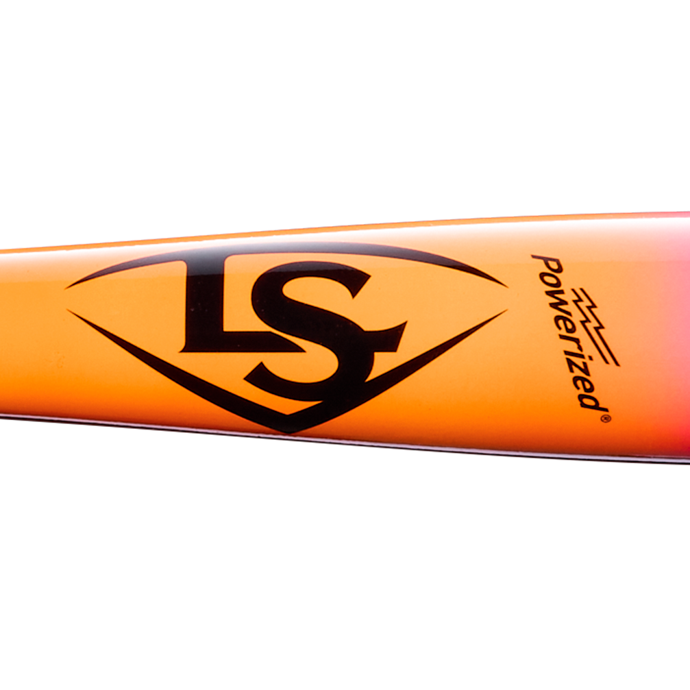 Close-up of the Louisville Slugger Pro Prime RA13 Sunset Maple Wood Baseball Bat (WBL4297010), showcasing its orange and pink maple design with a black LS logo set inside a diamond shape, “powerized” printed alongside, and featuring the distinctive Professional Series Finish from Louisville Slugger’s Pro Prime RA13 line.