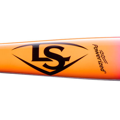 Close-up of the Louisville Slugger Pro Prime RA13 Sunset Maple Wood Baseball Bat (WBL4297010), showcasing its orange and pink maple design with a black LS logo set inside a diamond shape, “powerized” printed alongside, and featuring the distinctive Professional Series Finish from Louisville Slugger’s Pro Prime RA13 line.