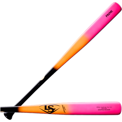Two Louisville Slugger Pro Prime RA13 Sunset Maple Wood Baseball Bats (model WBL4297010), crafted from premium maple and part of the Professional Series Finish, are displayed against a plain white background. These bats feature a gradient color design that transitions from black at the handle to orange and pink toward the barrel.