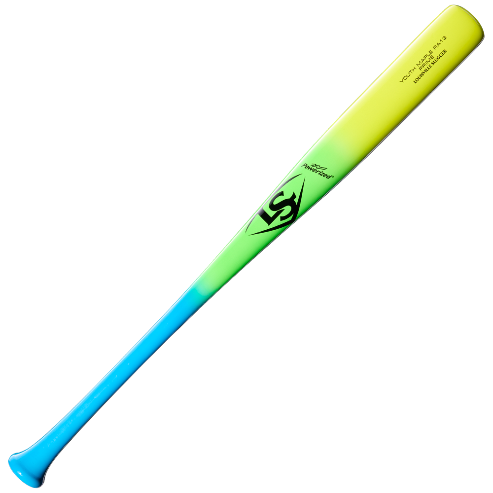 The Louisville Slugger Youth Prime RA13 Ronald Acuña Jr. Maple Wood Baseball Bat (WBL4298010) features a neon tricolor fade design, transitioning from blue at the handle to green and yellow at the barrel, and is accented by a black logo near the center inspired by Ronald Acuña Jr.