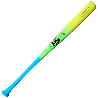 The Louisville Slugger Youth Prime RA13 Ronald Acuña Jr. Maple Wood Baseball Bat (WBL4298010) features a neon tricolor fade design, transitioning from blue at the handle to green and yellow at the barrel, and is accented by a black logo near the center inspired by Ronald Acuña Jr.