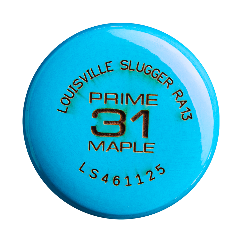 A close-up of a blue baseball bat knob with the text: LOUISVILLE SLUGGER RA13, PRIME 31 MAPLE, LS461125 embossed in black and gold. The Louisville Slugger Youth Prime RA13 Ronald Acuña Jr. Maple Wood Baseball Bat (WBL4298010) showcases a bold neon tricolor fade design inspired by MLB star Ronald Acuña Jr.