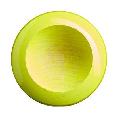 A round, empty, lime-green wooden bowl seen from above, with a smooth glossy finish and subtle wood grain texture—its vibrant hue echoing the neon tricolor fade featured on the Louisville Slugger Youth Prime RA13 Ronald Acuña Jr. Maple Wood Baseball Bat (WBL4298010)—isolated on a white background.