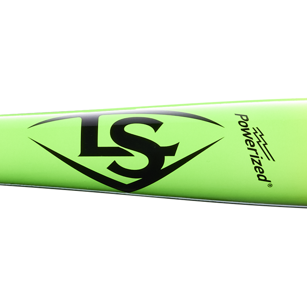A close-up of the vibrant green Louisville Slugger Youth Prime RA13 Ronald Acuña Jr. Maple Wood Baseball Bat (WBL4298010), showcasing a bold black LS logo and the word “Powerized” with a lightning bolt graphic, inspired by Ronald Acuña Jr.’s energetic style.