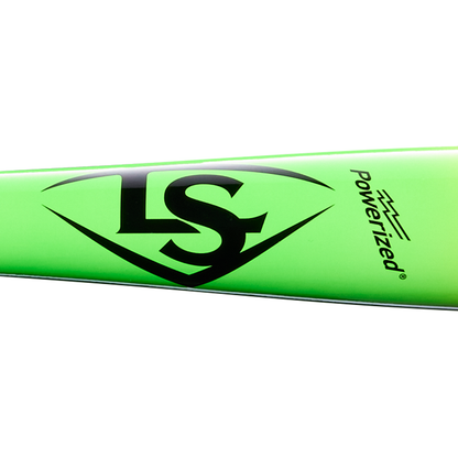 A close-up of the vibrant green Louisville Slugger Youth Prime RA13 Ronald Acuña Jr. Maple Wood Baseball Bat (WBL4298010), showcasing a bold black LS logo and the word “Powerized” with a lightning bolt graphic, inspired by Ronald Acuña Jr.’s energetic style.