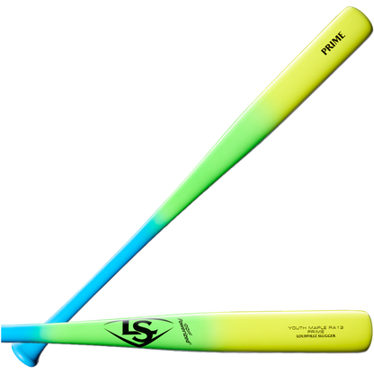 Two Louisville Slugger baseball bats with blue handles that fade into yellow barrels in a neon tricolor gradient, one displaying the Youth Prime RA13 Ronald Acuña Jr. Maple Wood Baseball Bat (WBL4298010) name and the other featuring the Louisville Slugger logo with RA13 youth maple details, crossed against a white background.