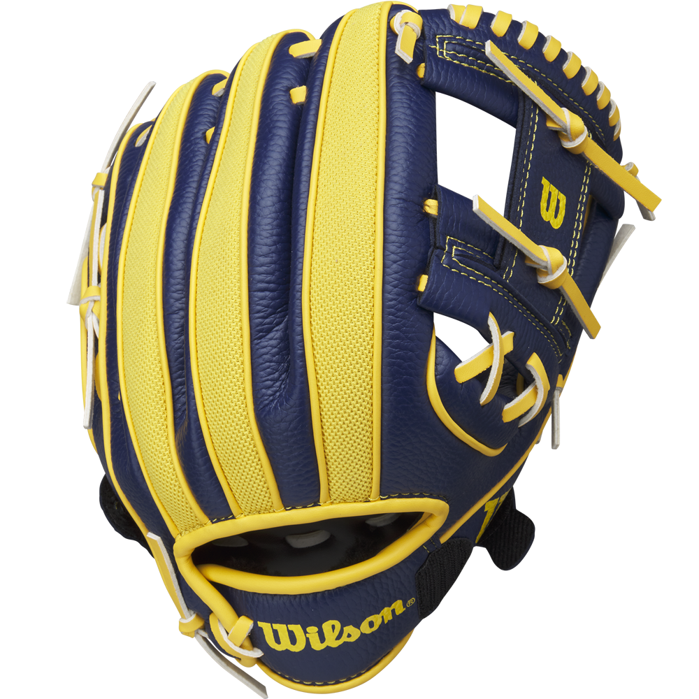 The Wilson A200 EZ Catch Savannah Bananas 10" Youth Baseball Glove (WBW10135910) is shown in blue and yellow with white laces, isolated on a white background. The yellow Wilson logo is visible on the palm of the glove.