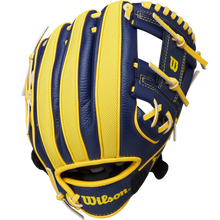 The Wilson A200 EZ Catch Savannah Bananas 10" Youth Baseball Glove (WBW10135910) is shown in blue and yellow with white laces, isolated on a white background. The yellow Wilson logo is visible on the palm of the glove.