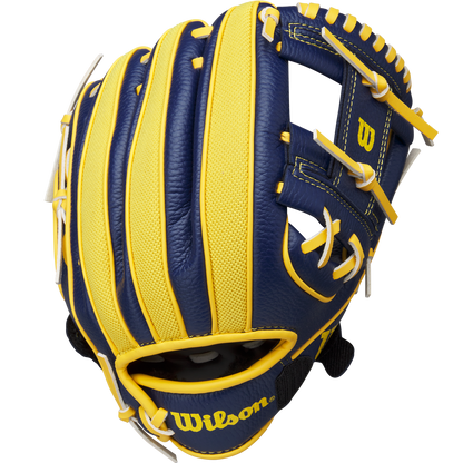 The Wilson A200 EZ Catch Savannah Bananas 10" Youth Baseball Glove (WBW10135910) is shown in blue and yellow with white laces, isolated on a white background. The yellow Wilson logo is visible on the palm of the glove.