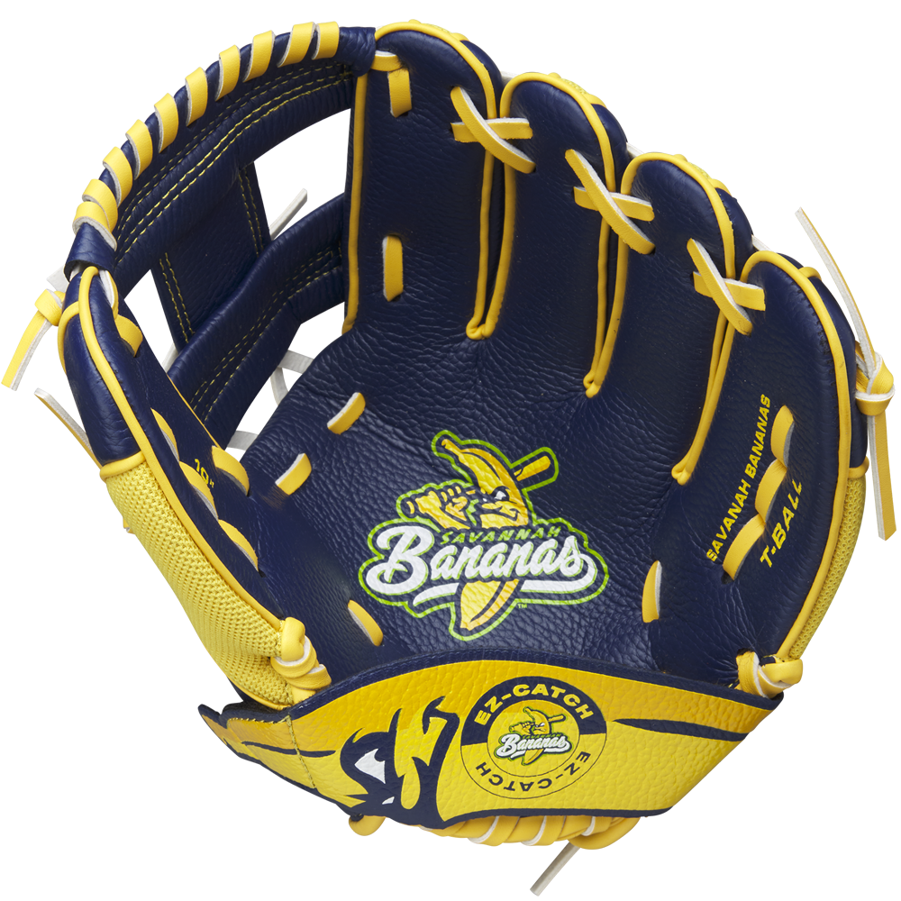 The Wilson A200 EZ Catch Savannah Bananas 10" Youth Baseball Glove features the EZ Catch design and a bold logo, making it perfect for aspiring young players.