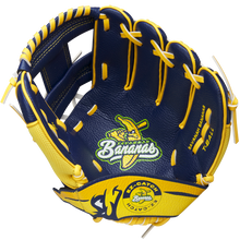 The Wilson A200 EZ Catch Savannah Bananas 10" Youth Baseball Glove features the EZ Catch design and a bold logo, making it perfect for aspiring young players.