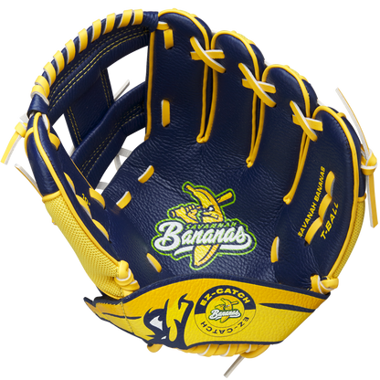 The Wilson A200 EZ Catch Savannah Bananas 10" Youth Baseball Glove features the EZ Catch design and a bold logo, making it perfect for aspiring young players.
