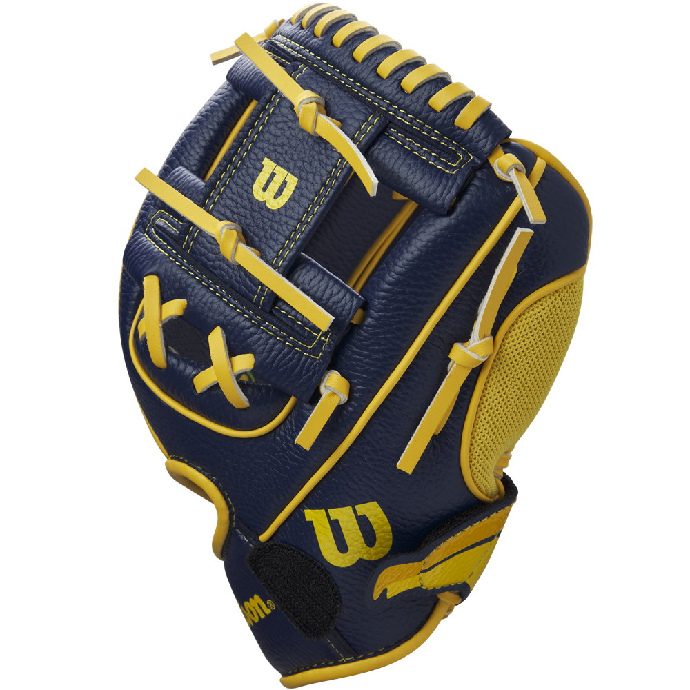 The Wilson A200 EZ Catch Savannah Bananas 10" Youth Baseball Glove (WBW10135910) features a blue and yellow design, perfect for young players seeking a comfortable and fun glove.