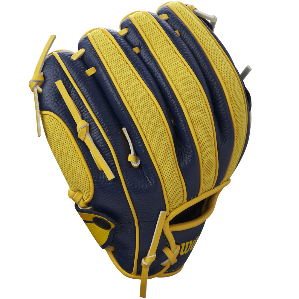 The Wilson A200 EZ Catch Savannah Bananas 10" Youth Baseball Glove (WBW10135910) features navy blue and yellow textured leather, mesh sections, stitched detailing, and tan laces, shown against a plain white background.