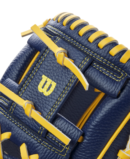 Close-up of the Wilson A200 EZ Catch Savannah Bananas 10" Youth Baseball Glove (WBW10135910), a navy blue youth glove with yellow lacing, stitching, and a yellow W logo—perfect for young players.