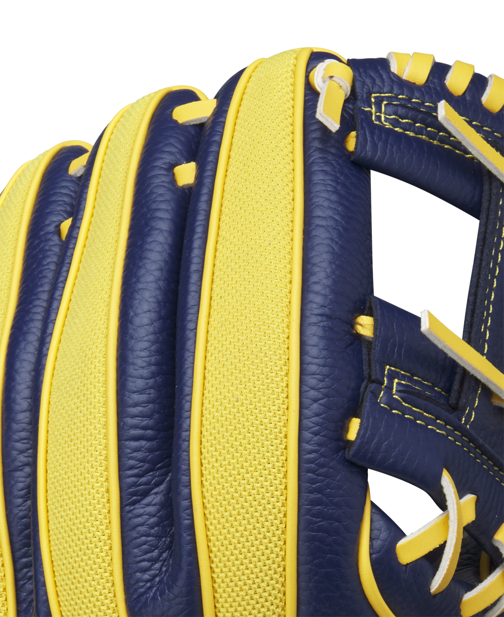 Close-up of the Wilson A200 EZ Catch Savannah Bananas 10" Youth Baseball Glove, showcasing dark blue leather with bright yellow textured strips and stitching for a striking look and an easy, youth-friendly catch.