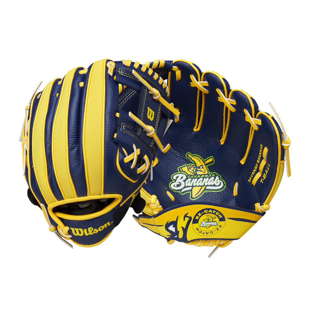 The Wilson A200 EZ Catch Savannah Bananas 10" Youth Baseball Glove (WBW10135910) is shown on a white background, featuring bold stitching, banana graphics, and the EZ Catch design for young players.