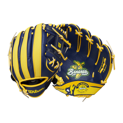 The Wilson A200 EZ Catch Savannah Bananas 10" Youth Baseball Glove (WBW10135910) is shown on a white background, featuring bold stitching, banana graphics, and the EZ Catch design for young players.
