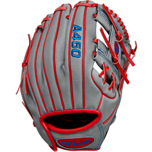 The Wilson A450 10.75" Baseball Glove (WBW1014711075) is a youth infield glove in gray with red lacing, blue stitching, and “A450” embroidered in blue on the back. Made from top grain leather, it’s shown upright with the palm facing away.
