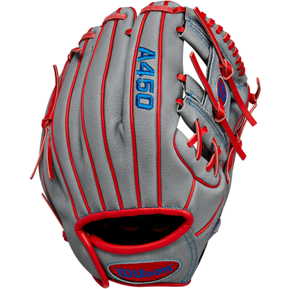The Wilson A450 10.75" Baseball Glove (WBW1014711075) is a youth infield glove in gray with red lacing, blue stitching, and “A450” embroidered in blue on the back. Made from top grain leather, it’s shown upright with the palm facing away.