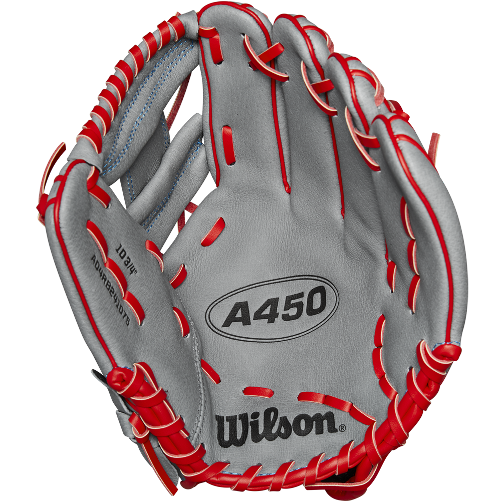 The Wilson A450 10.75" youth infield glove (WBW1014711075) features a gray design with red lacing, quick-fit wrist for comfort, and the Wilson logo on the palm.