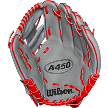 The Wilson A450 10.75" youth infield glove (WBW1014711075) features a gray design with red lacing, quick-fit wrist for comfort, and the Wilson logo on the palm.