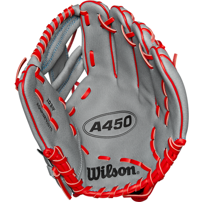 The Wilson A450 10.75" youth infield glove (WBW1014711075) features a gray design with red lacing, quick-fit wrist for comfort, and the Wilson logo on the palm.