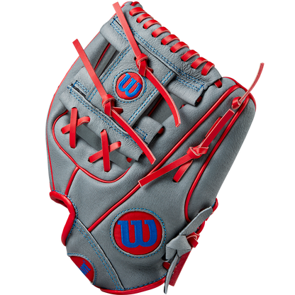 The Wilson A450 10.75" Baseball Glove (WBW1014711075) is a youth infield glove with red and blue stitching, made from durable top grain leather.